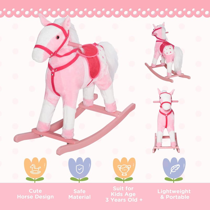 Qaba Kids Rocking Horse Plush Ride On Toy Toddler Rocker for Boys Girls Gifts with Realistic Sounds, Pink - Image 4